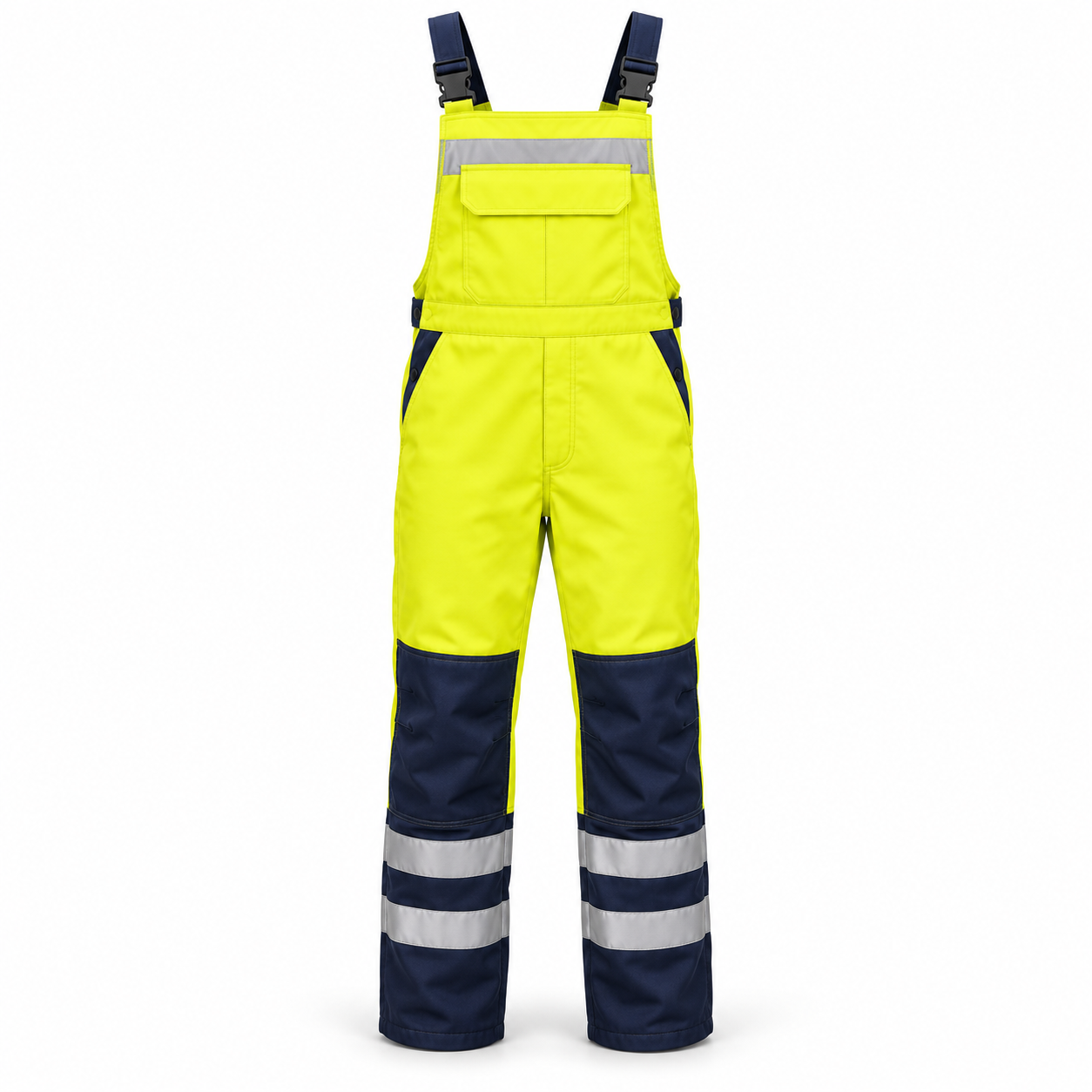 Yellow-Navy Reflective Bib Overalls – Front | Liberty Edge Industries