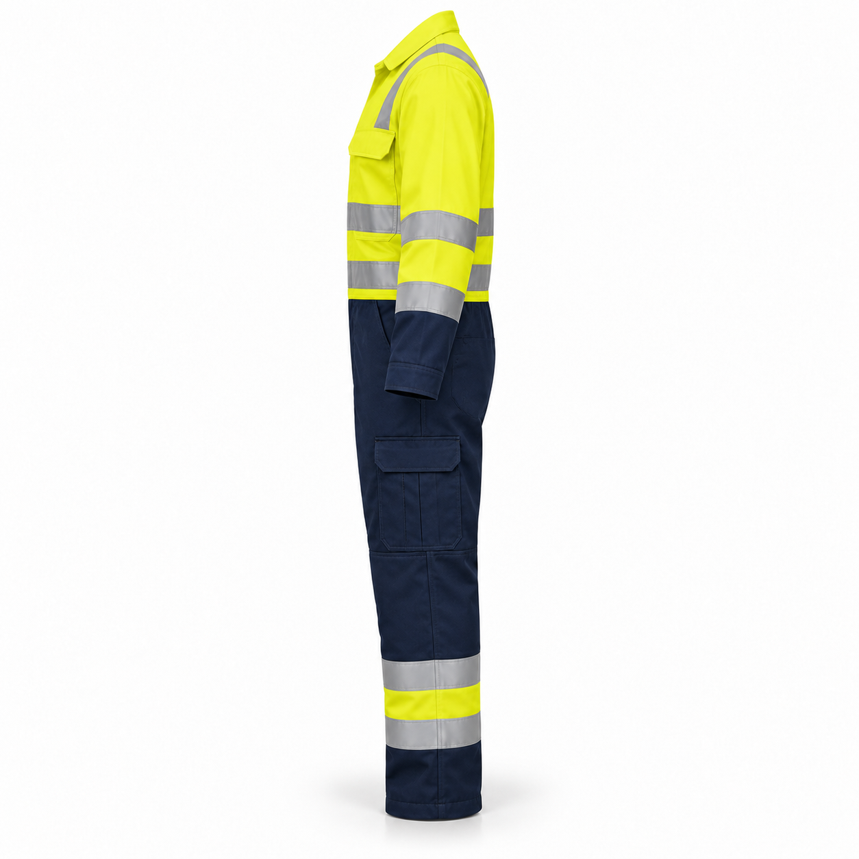 Yellow-Navy Reflective Work Coverall – Side | Liberty Edge Industries